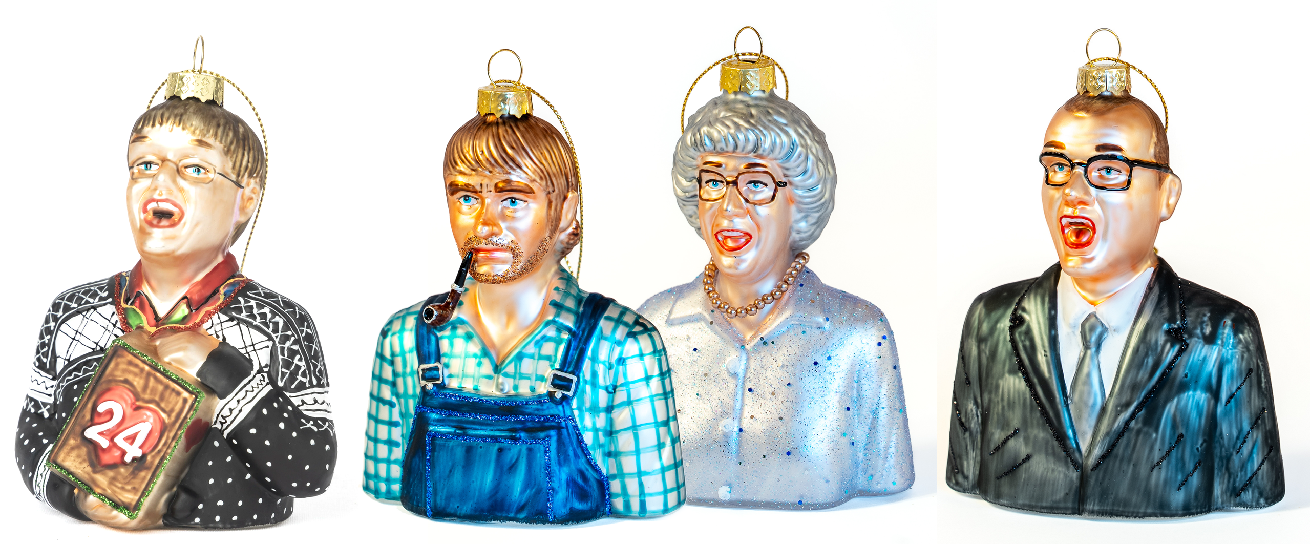 Et utvalg av julekuler fra HEIM. Fra venstre: Asbjørn Brekke, Olaf og Gjertrud Sand og Benny. Foto: Collage